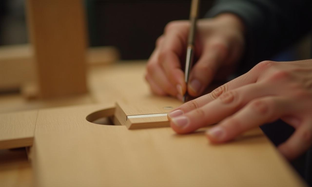 Nærbillede af hænder der arbejder med metalindlæg på træ